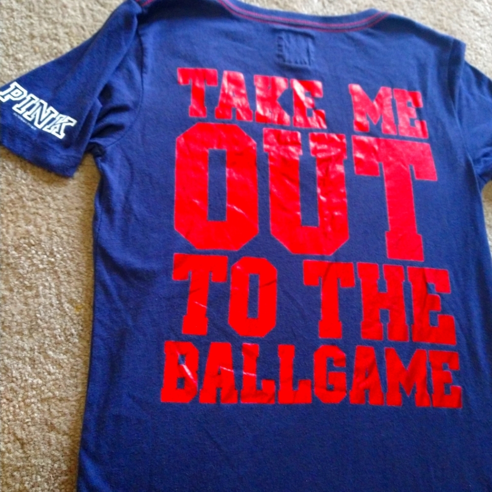 VS Victoria Secret PINK Boston Red Sox MLB Logo V Neck Tee Top S Navy Red S Sm